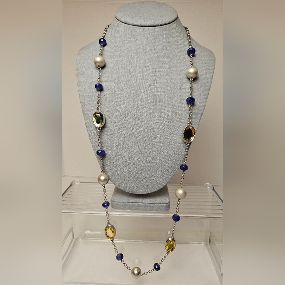 [LOFT] Necklace 💎 Rhinestones, Blue Beads & Silver Faux Pearls - Picture 1 of 10